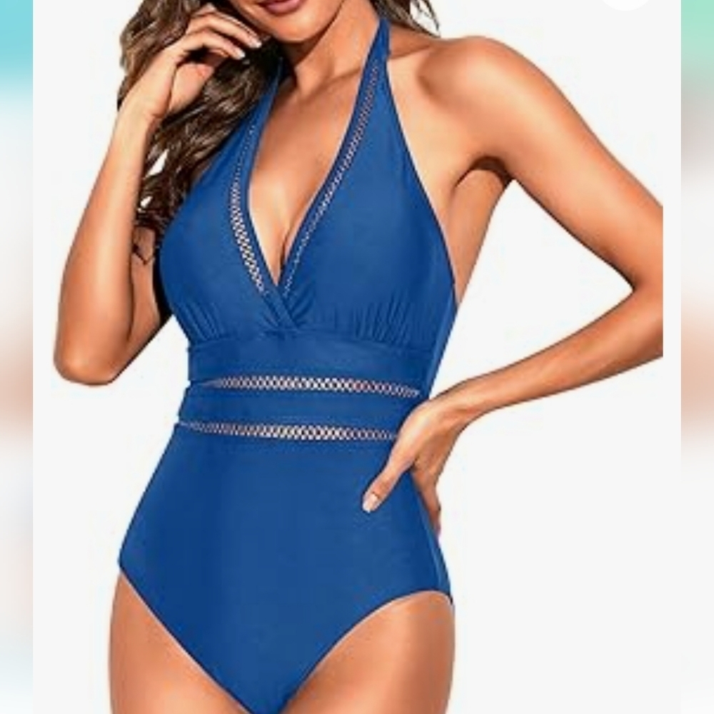 Sexy Halter One Piece Swimsuit Mesh Hollow Out Tummy Control Monokini Blue SZ XL